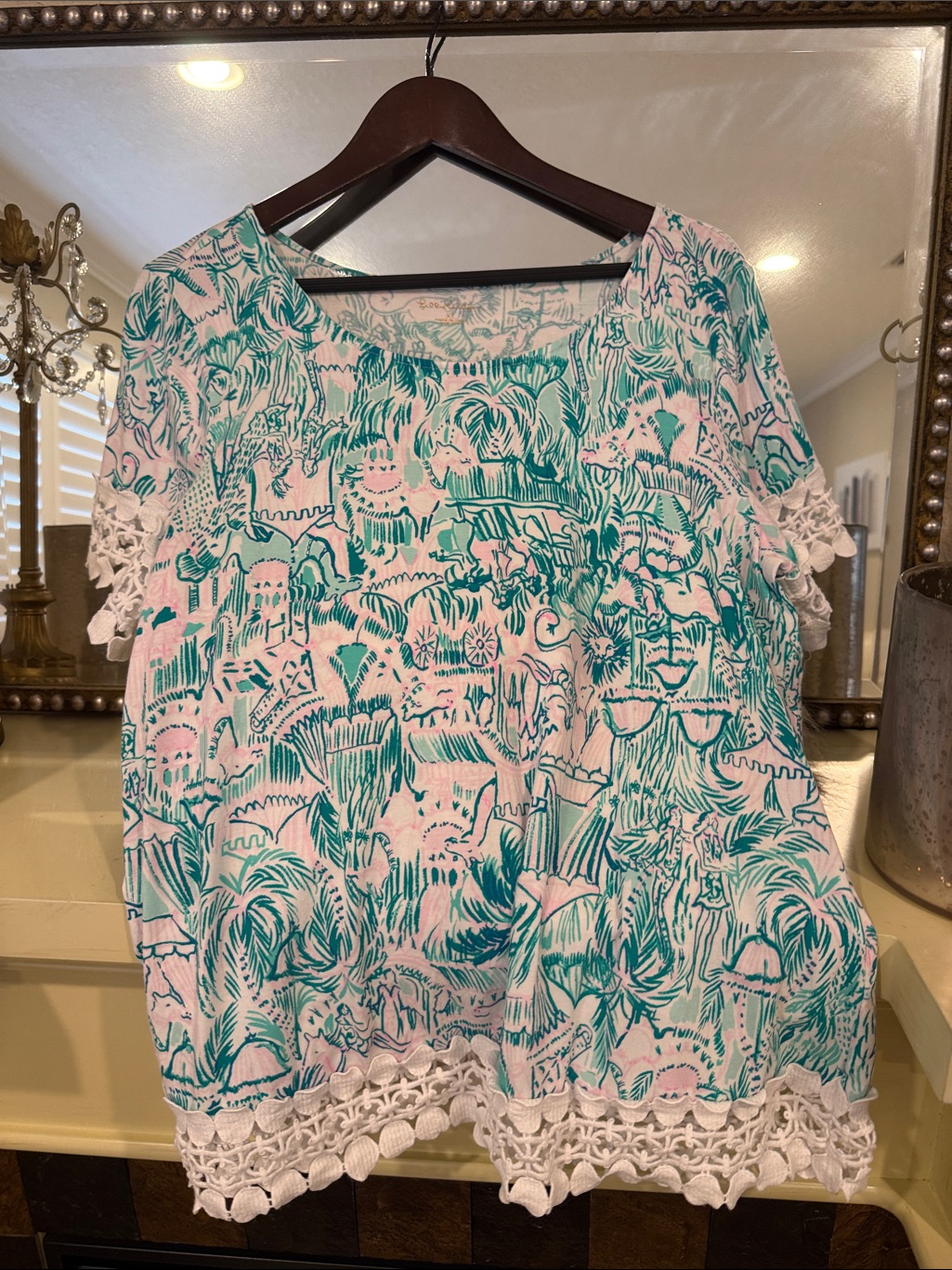 Lilly Pulitzer Teal Botanical Scoop Neck Top With Lace Trim Size Xl